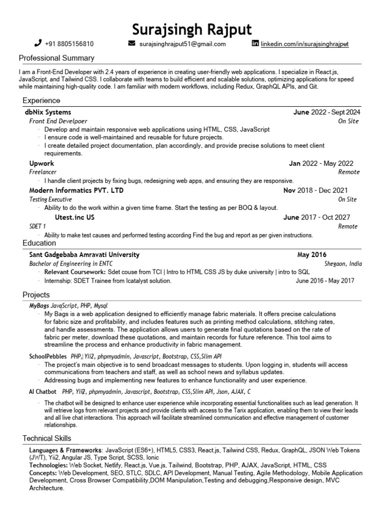 Front-End Developer Resume | PDF | Ajax (Programming) | Java Script