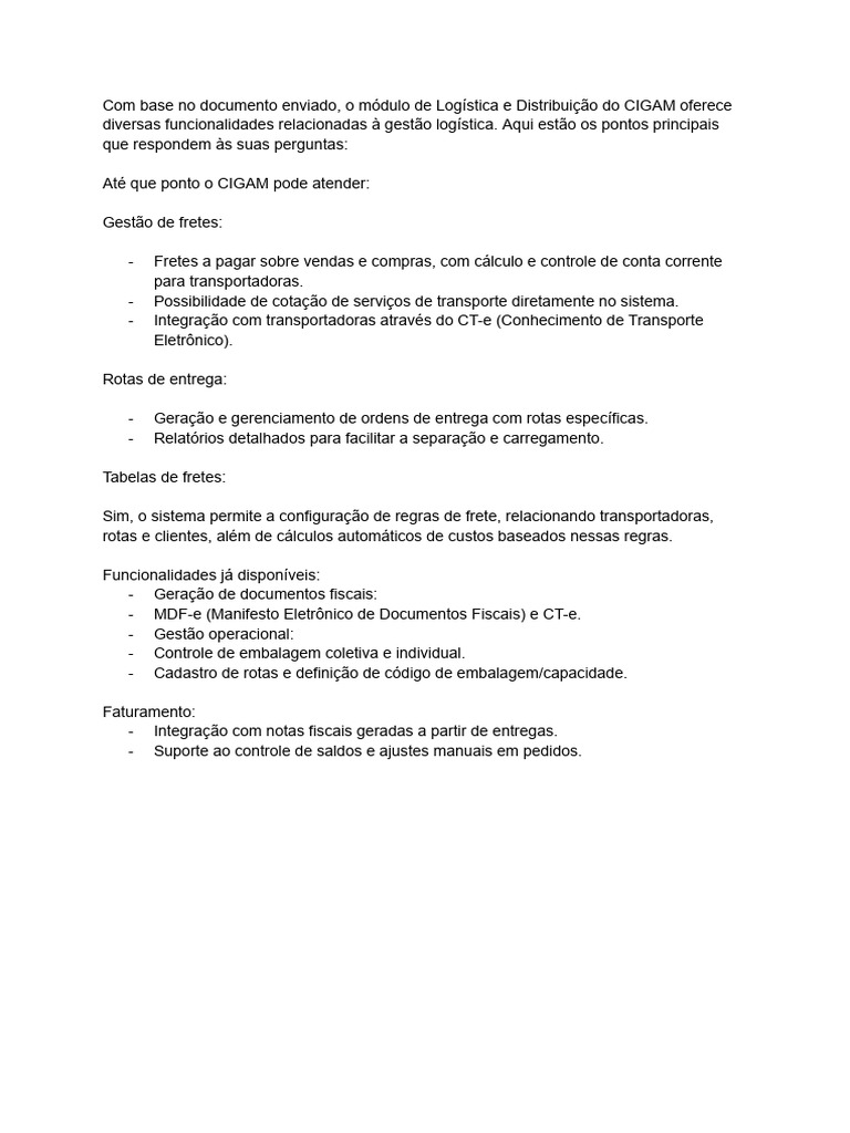 Funcionalidades do Módulo Logístico CIGAM | PDF