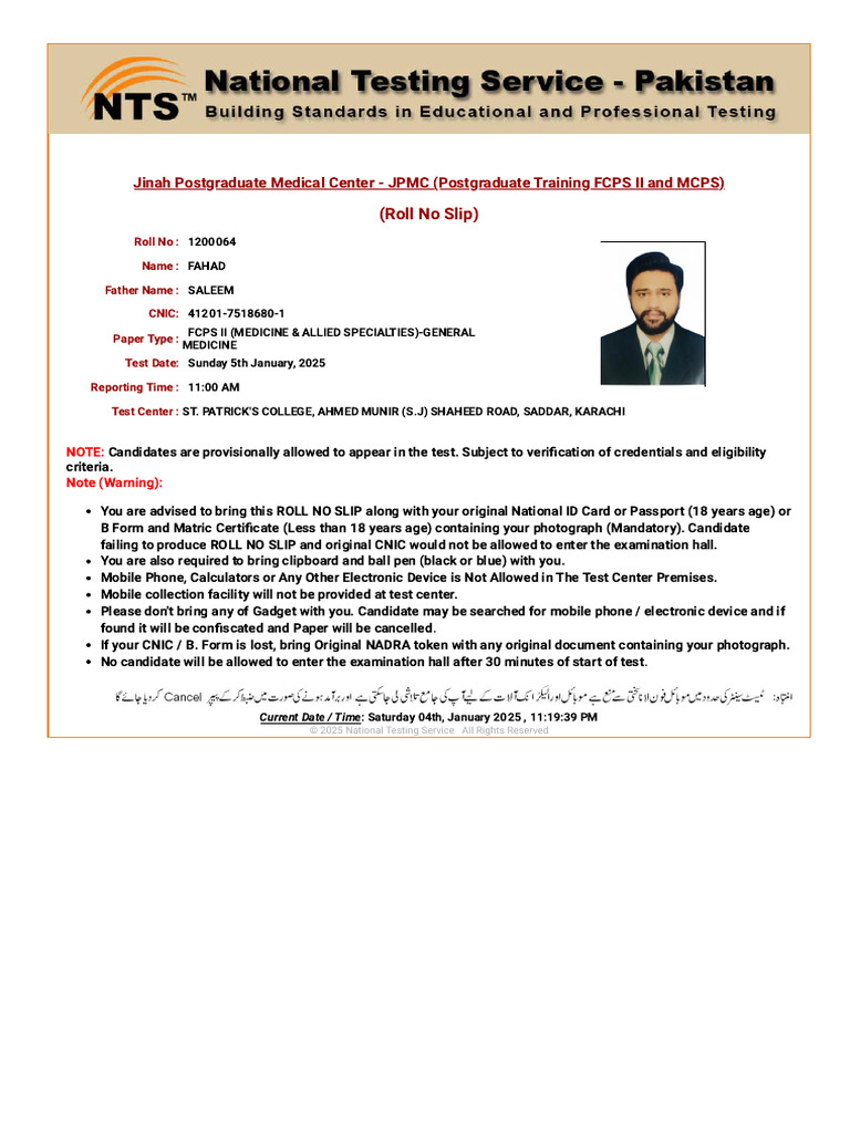 NTS Roll No Slip for FCPS II Exam 2025 | PDF