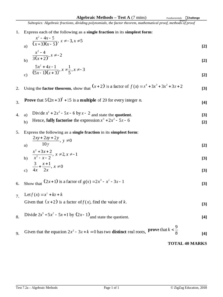 Algebraic Methods Test: Fractions & Proofs | PDF | Factorization ...