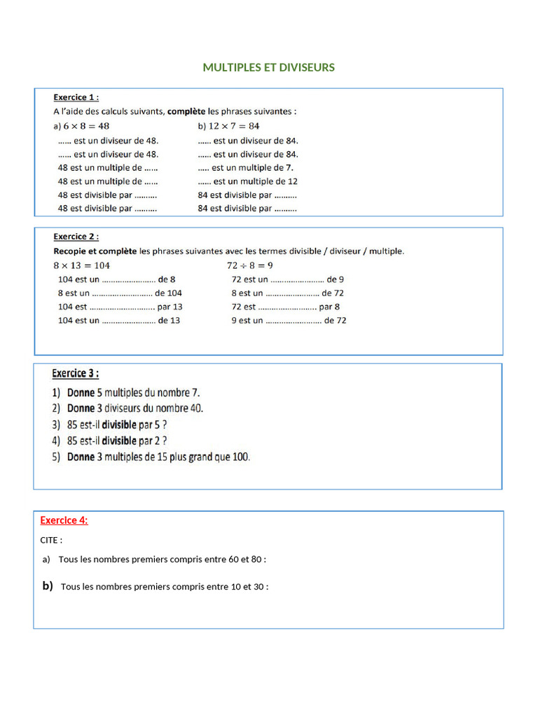 Nombres Premiers et Multiples Exercice | PDF
