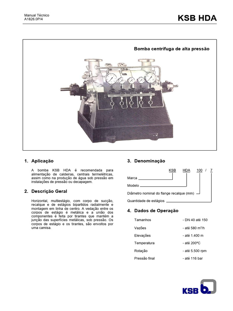 Bomba KSB HDA: Manual Técnico Completo | PDF | Bomba | Quantidades físicas