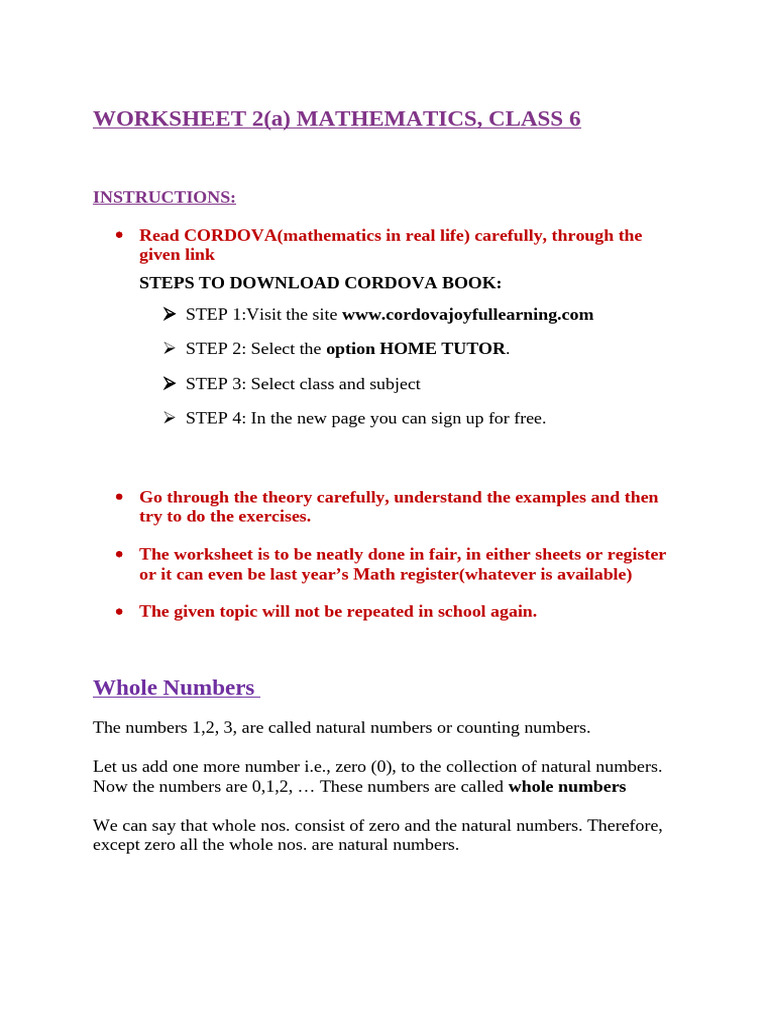 Class 6 Maths Worksheet 2 (A) | PDF | Integer | Natural Number