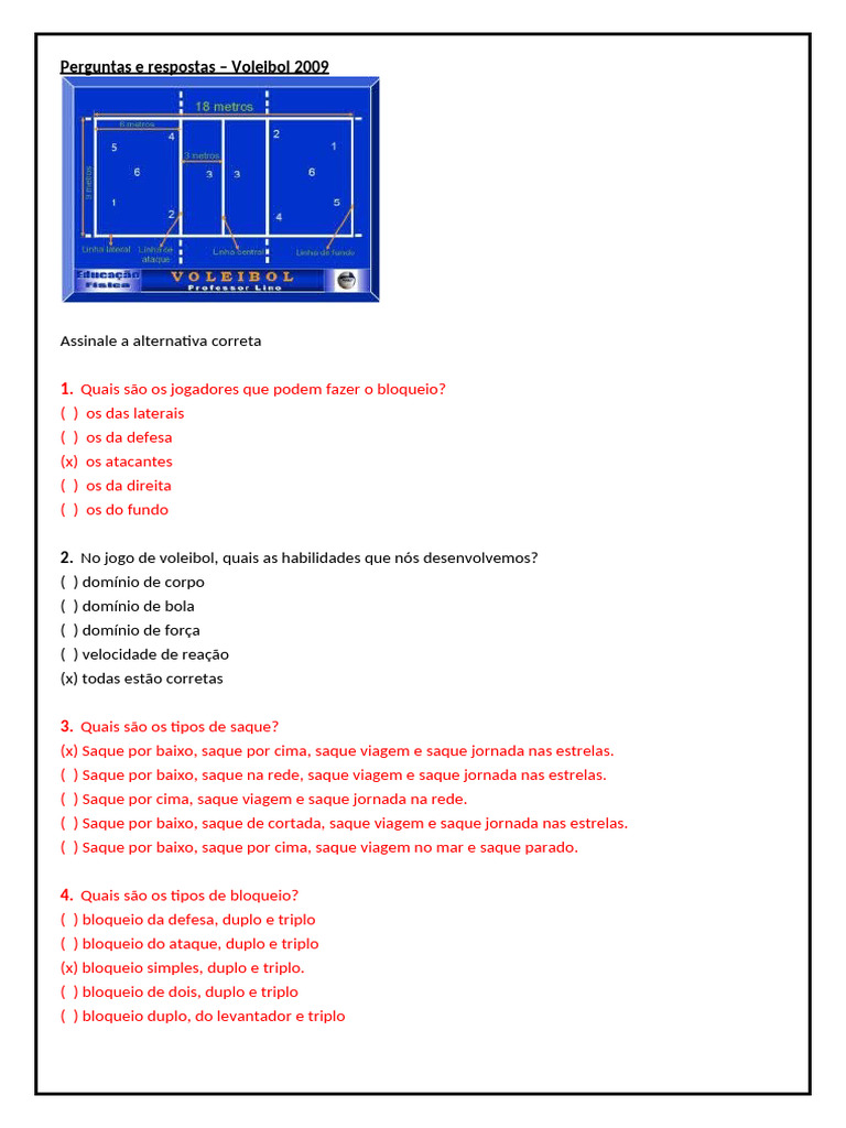 Perguntas de Voleibol - Situações de Jogo e Fundamentos | PDF ...