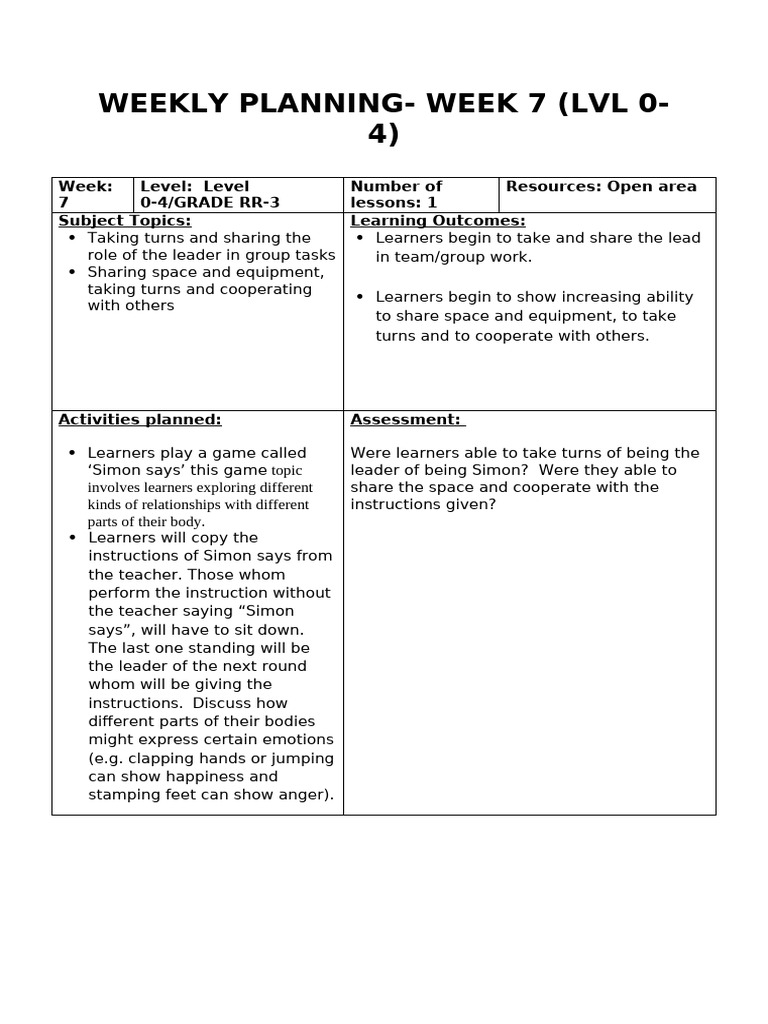 WEEK 7 AND 8 PLANNING | PDF | Learning | Teachers