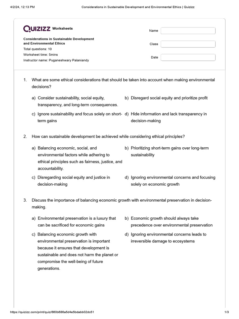 3.QUIZ Considerations in Sustainable Development and Environmental ...