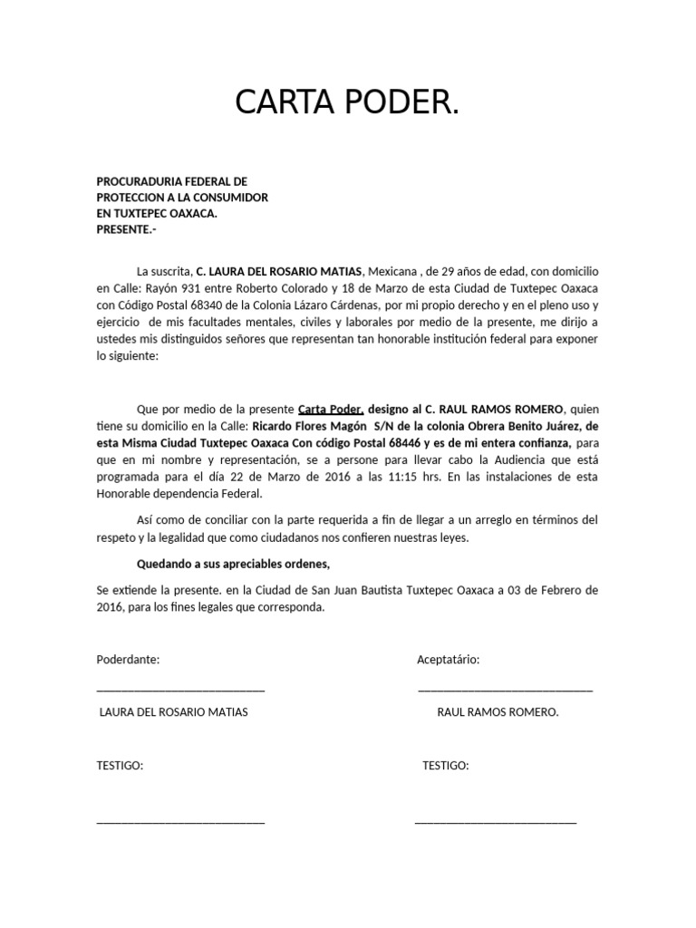 Carta Poder para Audiencia en Tuxtepec | PDF