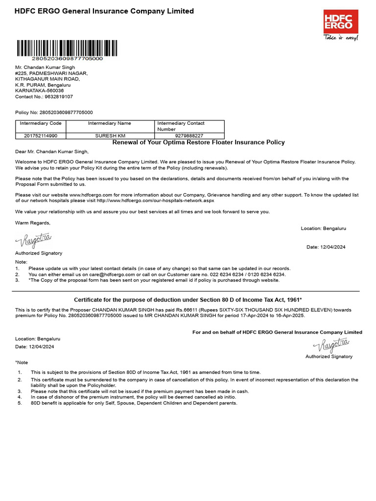 HDFC Ergo Health Policy Renewal Notice | PDF | Insurance | Taxes