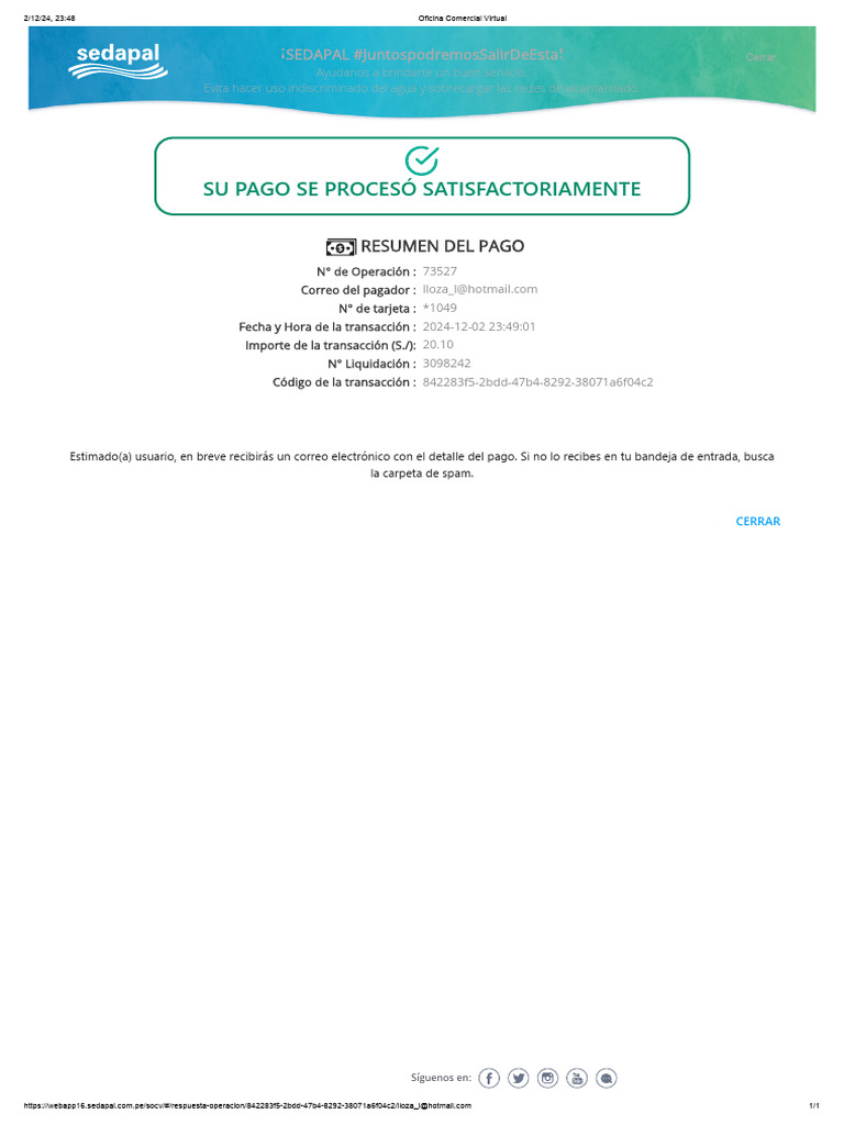 Confirmación de Pago Sedapal | PDF