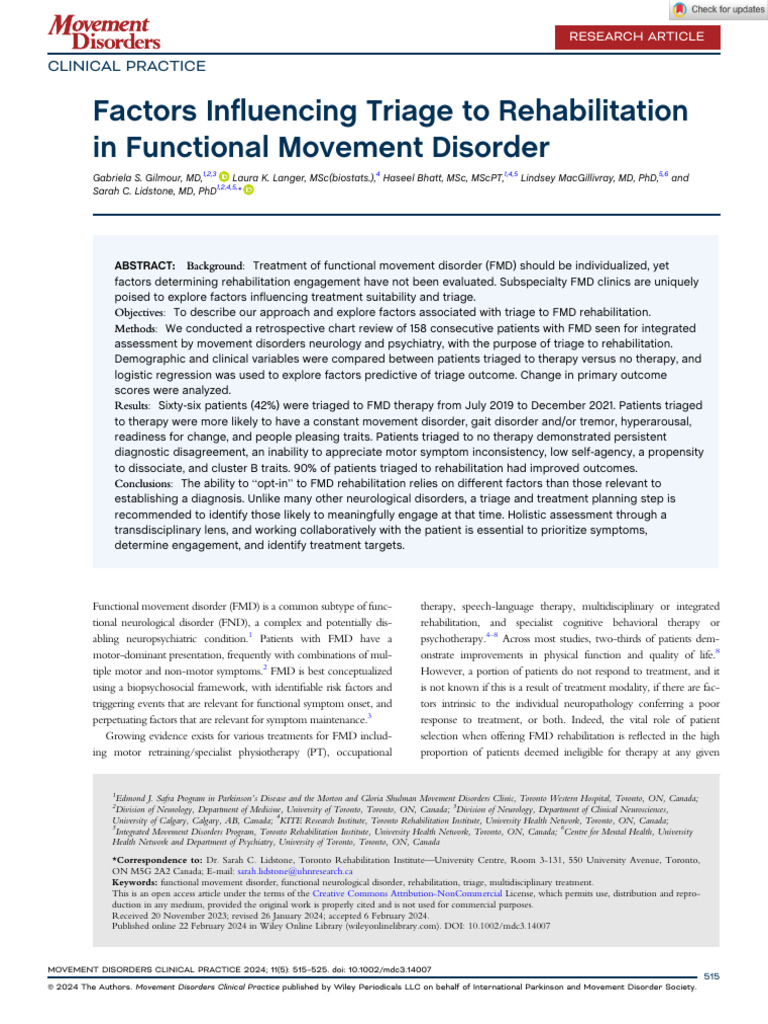 Movement Disord Clin Pract - 2024 - Gilmour - Factors Influencing ...