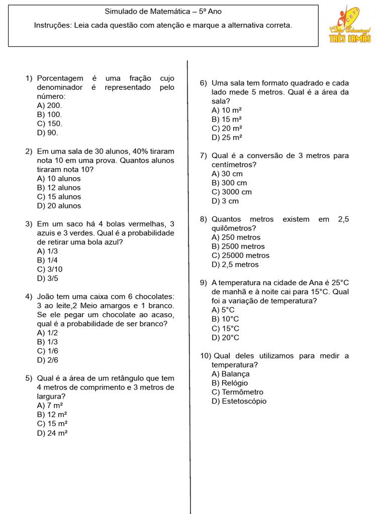 Simulado de Matemática para 5º Ano | PDF | Metro
