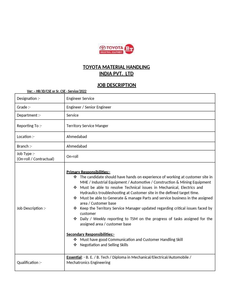 Toyota Engineer Service Job Description | PDF | Engineering