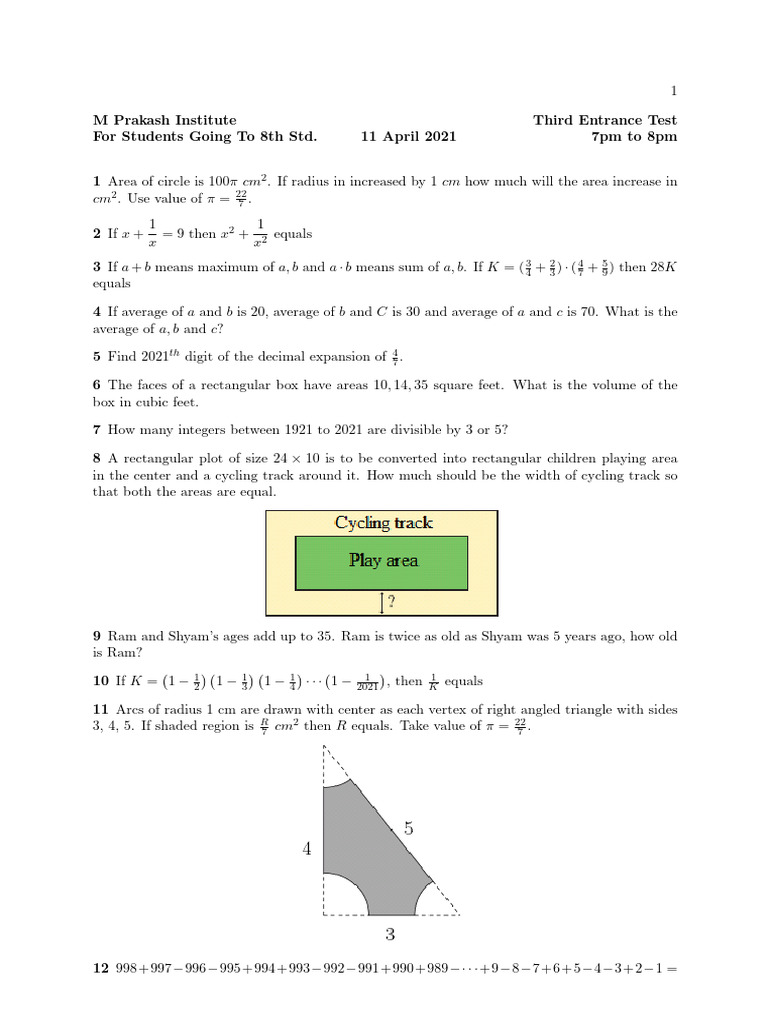 8th STD Entrance 3 11april2021 | PDF | Area | Euclidean Geometry