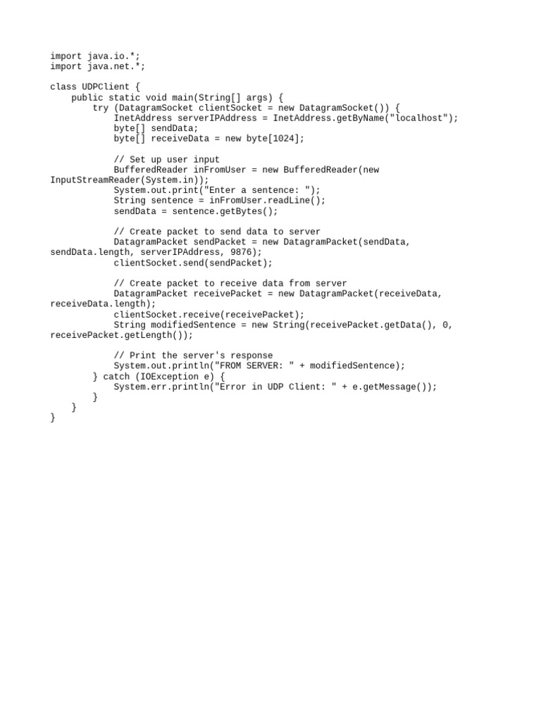 Java UDP Client Example Code | PDF