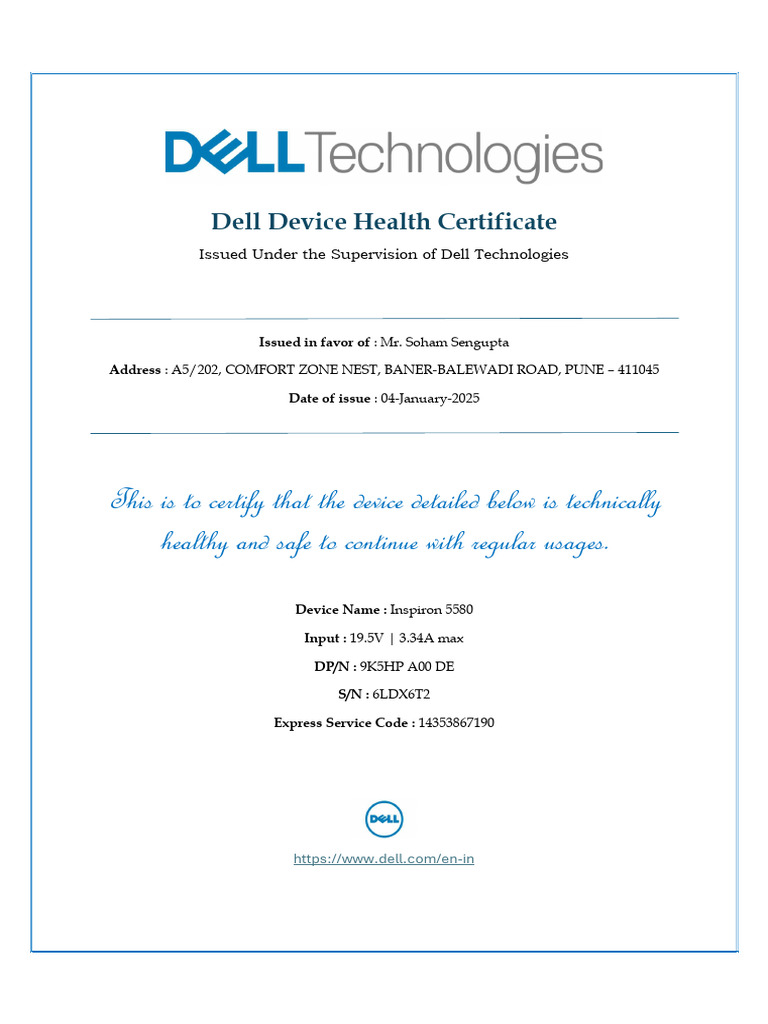 Device Health Certificate - DELL - Soham Sengupta | PDF