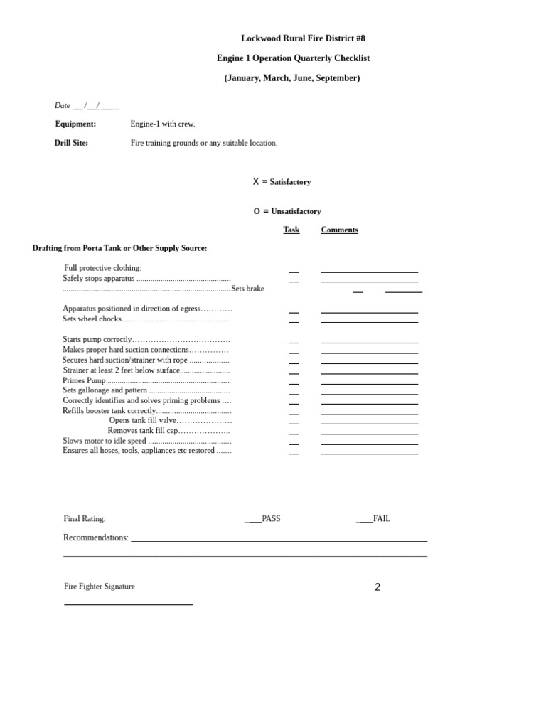 Engine 1 Quarterly Operation Checklist | PDF | Pump | Equipment