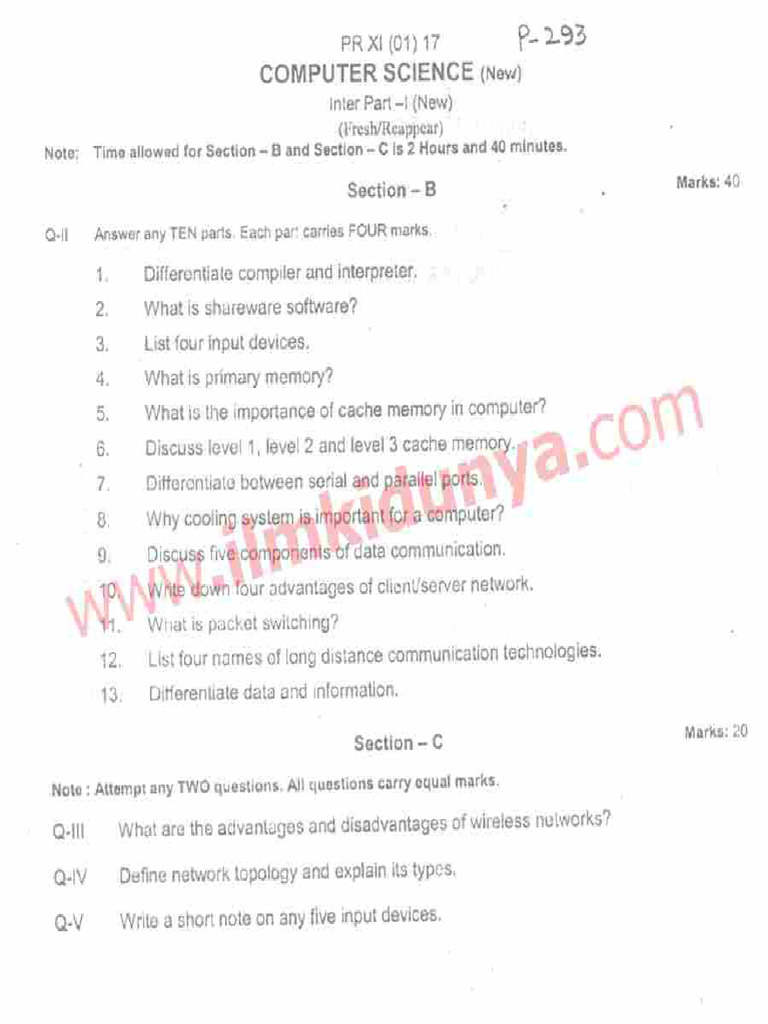 Past Papers 2017 Peshawar Board FSC Part 1 Computer Science English ...