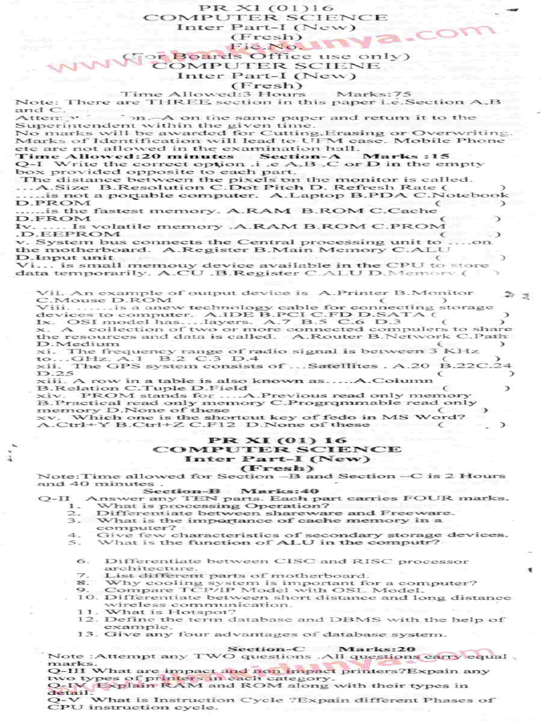 Past Papers 2016 Peshawar Board FSC Part 1 Computer Science | PDF