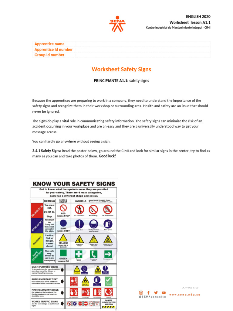 Safety Signs Worksheet for Apprentices | PDF | Safety | Occupational ...