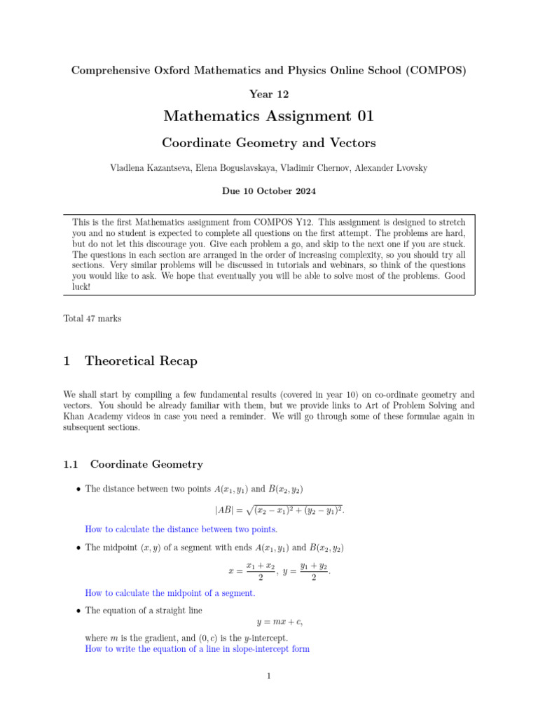 Year 12 Math Assignment: Geometry & Vectors | PDF | Line (Geometry ...
