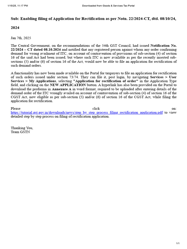 Application for Rectification Under Notn. 22/2024 | PDF