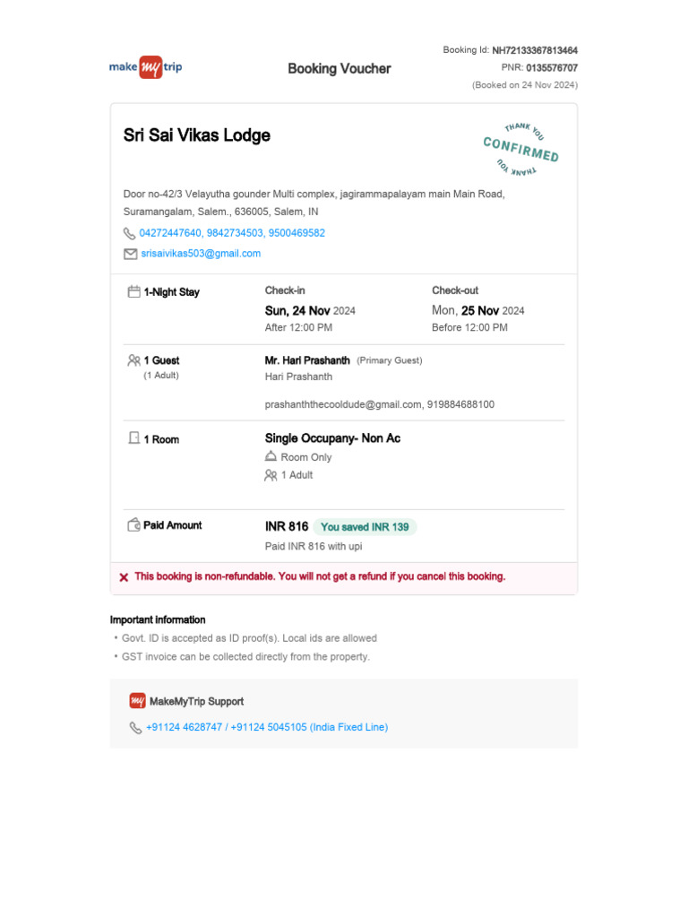 GST Invoice for Sri Sai Vikas Lodge Booking | PDF
