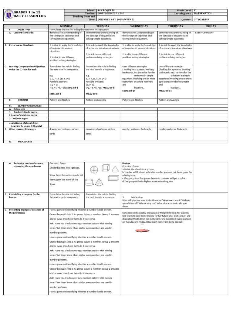 Grade 5 Math Daily Lesson Plan | PDF | Flashcard | Cognition
