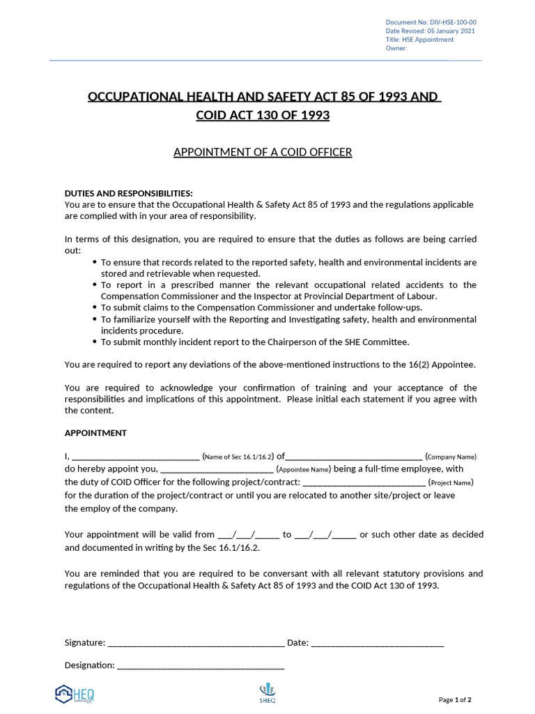 COID Officer Appointment Document | PDF | Occupational Safety And ...