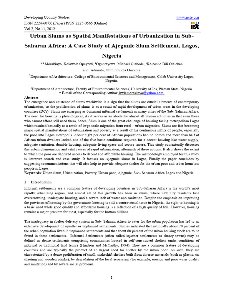 Urban Slums in Sub-Saharan Africa: Ajegunle Study | PDF | Slum ...
