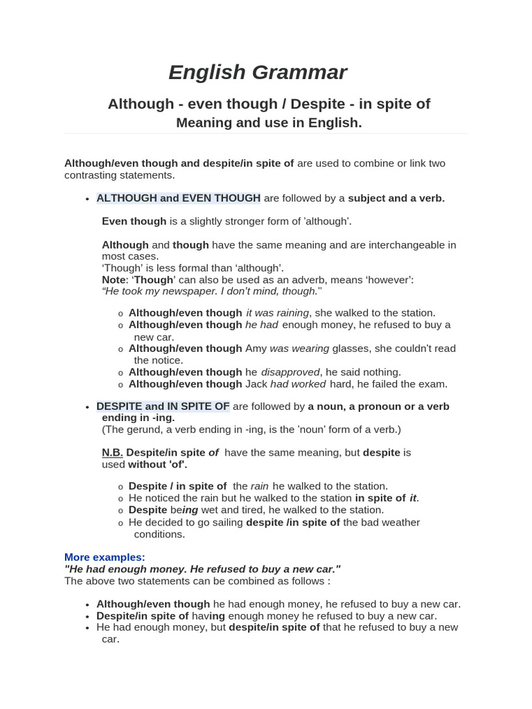 Using Although and Despite in English | PDF