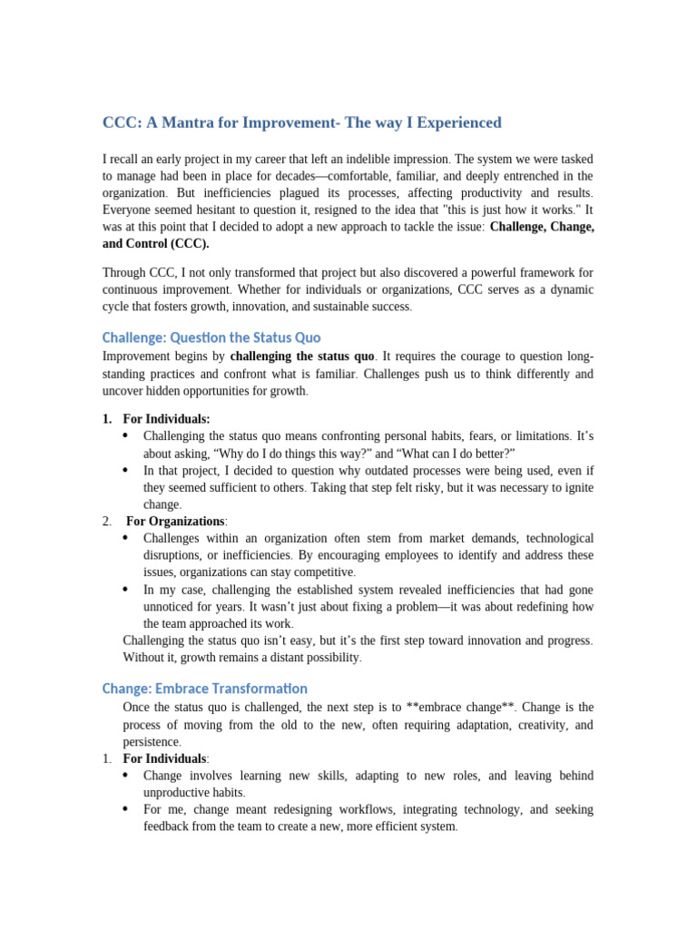 CCC: A Framework for Continuous Improvement | PDF | Innovation | Goal ...
