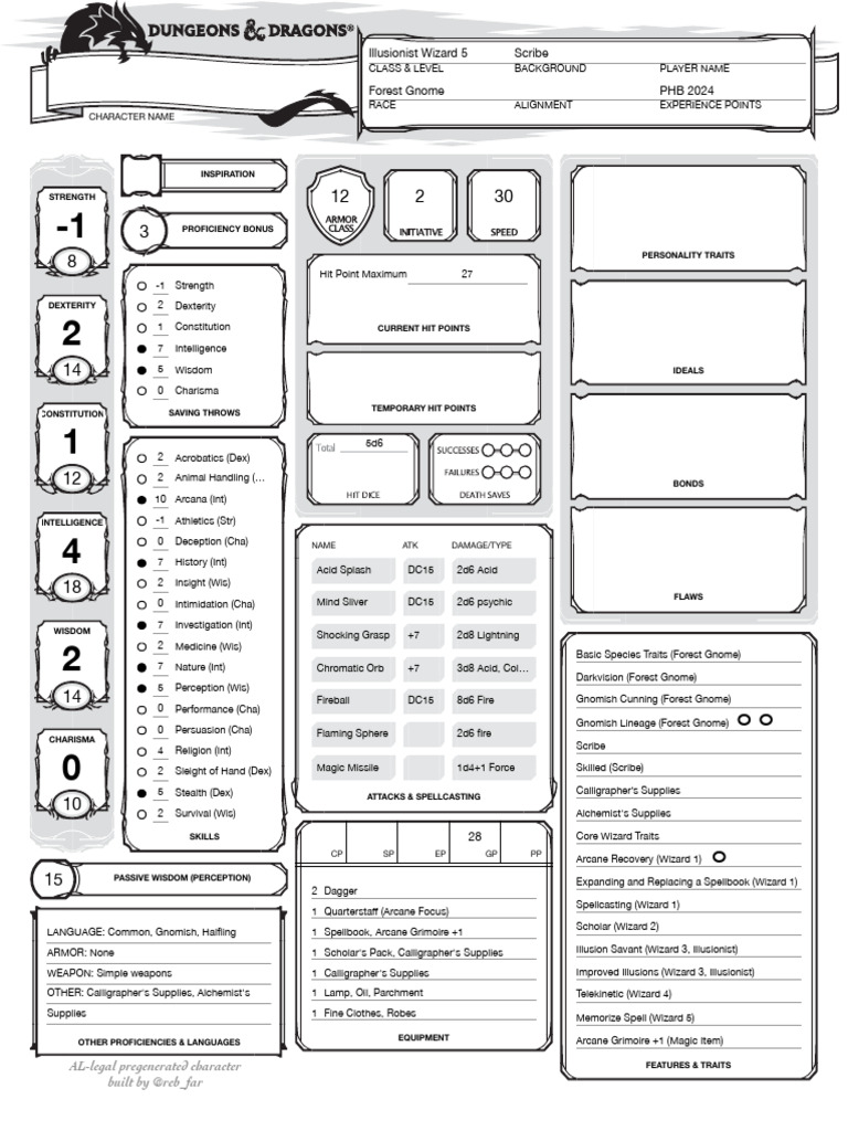 Illusionist Wizard Character Sheet | PDF | Gary Gygax Games | D20 System
