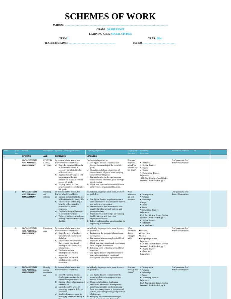 Grade 8 Social Studies Term 1 Plan | PDF | Self Esteem | Learning