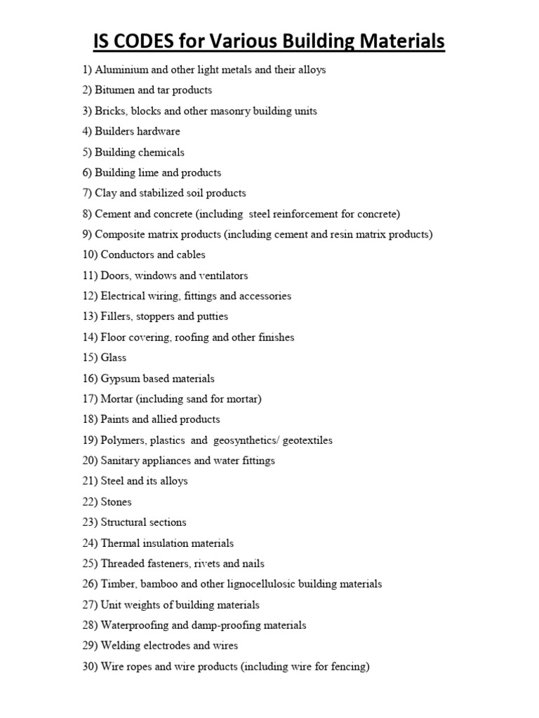 IS Codes for Building Materials | PDF