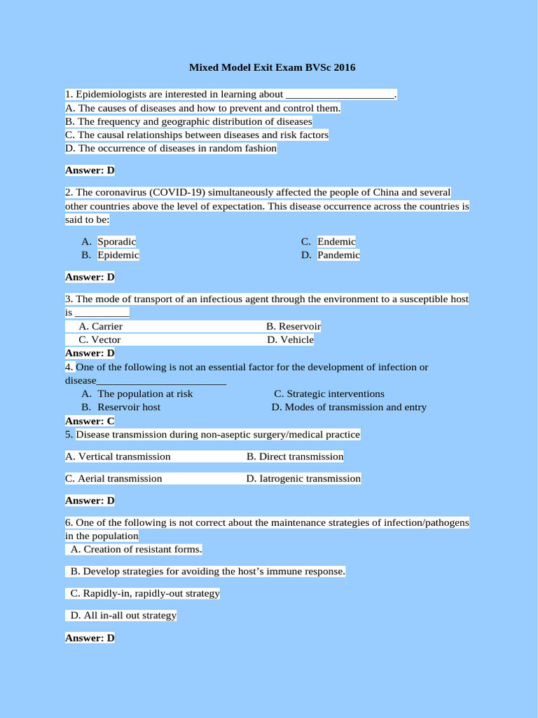 BVSc Mixed Model Exit Exam 2016 | PDF | Immune System | Innate Immune ...