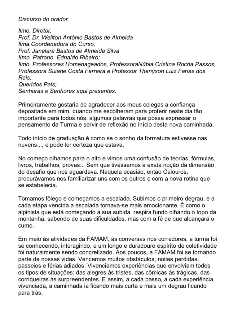 Discurso Emocionante de Formatura em Enfermagem | PDF | Vida | Aprendizado
