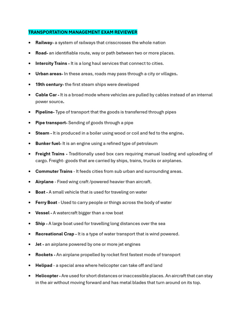 Transportation Management Exam Reviewer | PDF | Transport | Mode Of ...