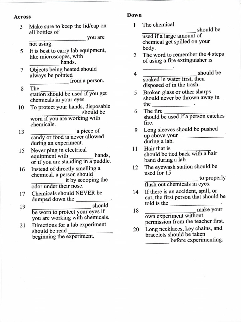 Lab Safety Crossword Puzzle PG 2 PDF
