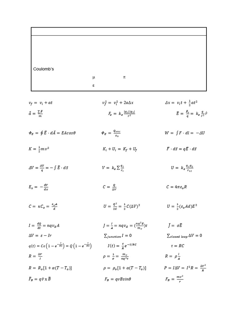 Semester Test 1 Formula Sheet | PDF | Physics | Electromagnetism