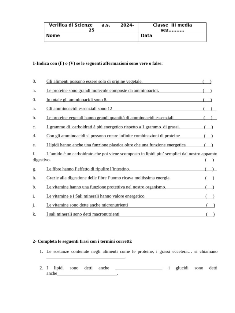 Verifica Alimenti e Nutrienti Per Terze 2024-2025 | PDF