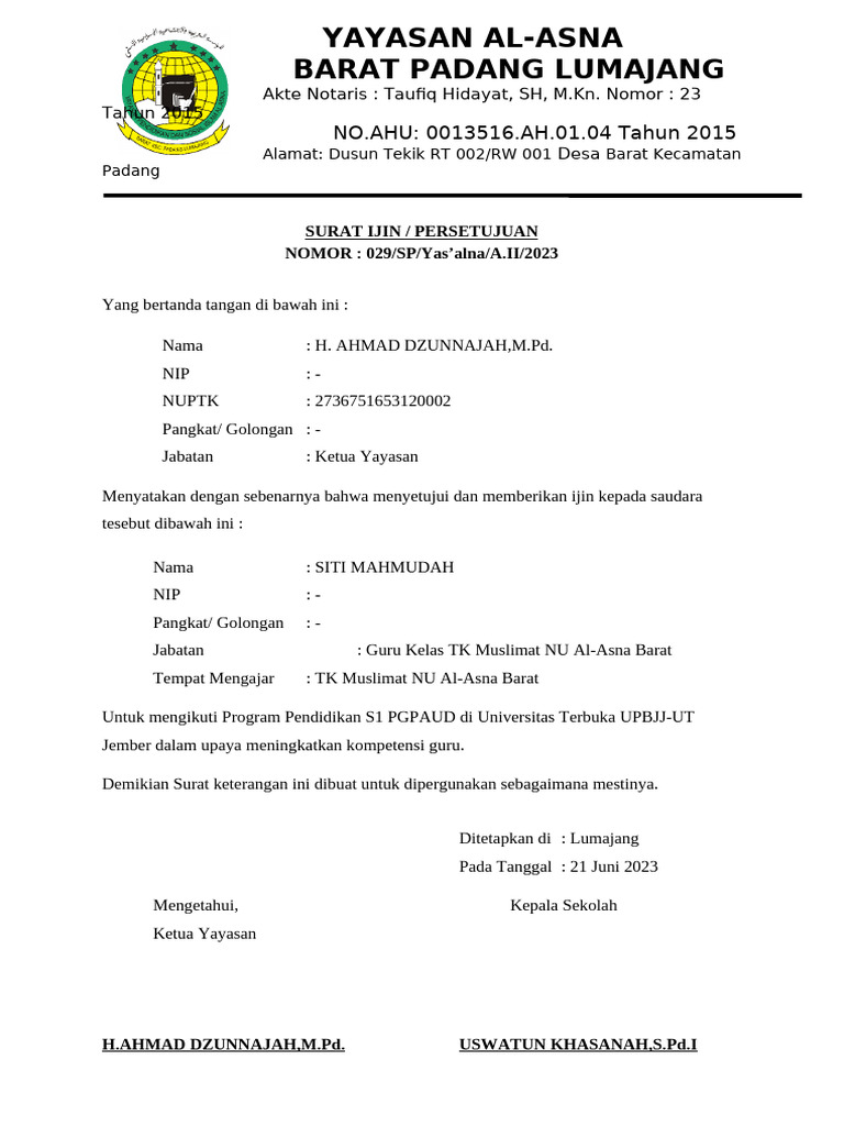 Surat Ijin Persetujuan Kuliah | PDF