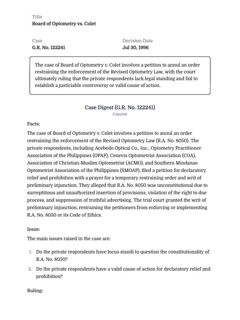 Board of Optometry v. Colet, GR 122241-Case Digest | PDF | Standing ...