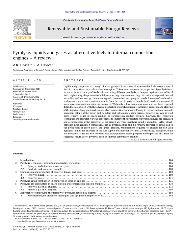 Pyrolysis Fuels in Combustion Engines | PDF | Pyrolysis | Diesel Fuel
