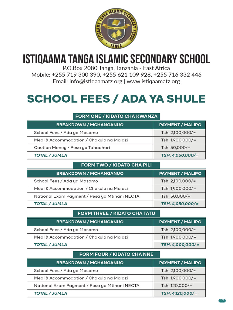 Istiqaama Tanga School Fees Structure | PDF