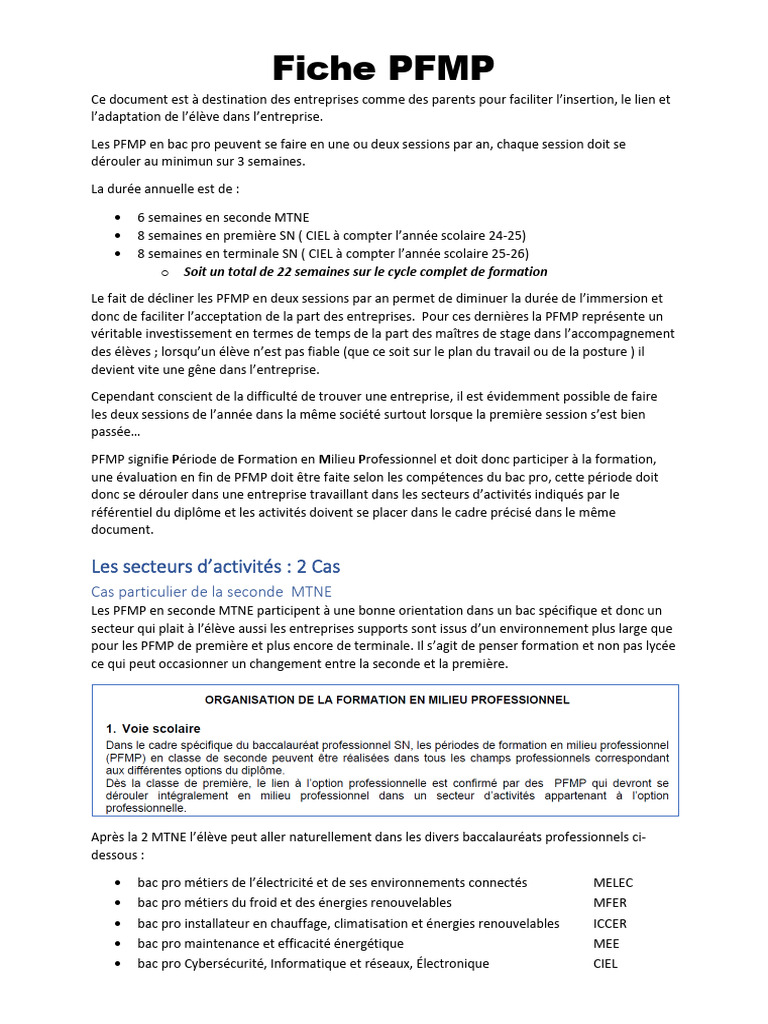 Guide des PFMP pour Bac Pro Techniques | PDF | Climatisation | Sécurité ...