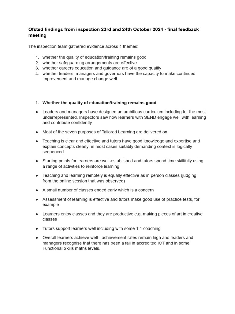 Ofsted Inspection Feedback Summary 2024 | PDF | Learning | English As A ...