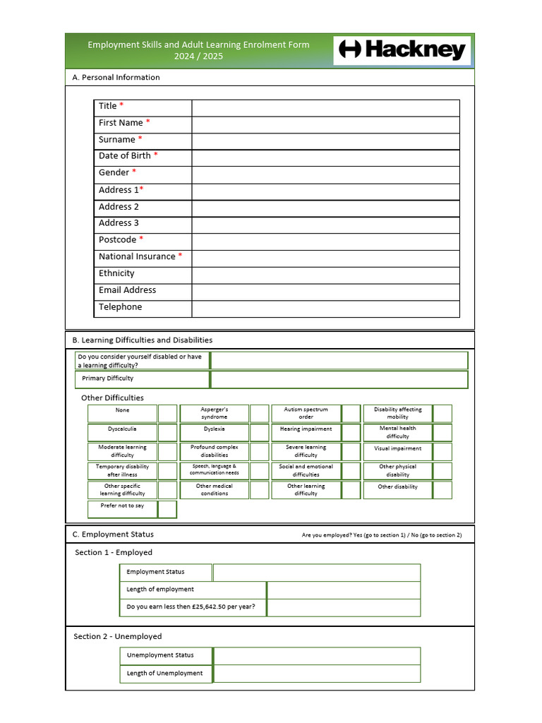 ESAL Enrolment Form 2024-25 | PDF | Disability | Learning Disability