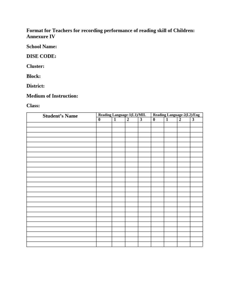 Reading Skill Performance Record Template | PDF