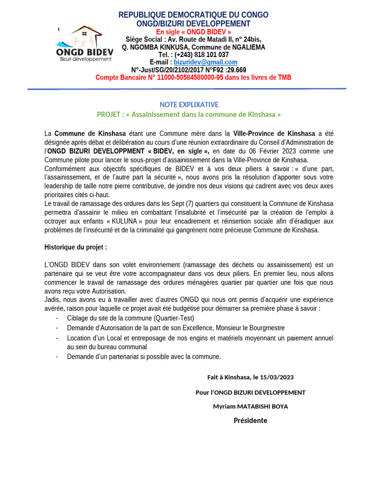 Note explicative sur l'assainissement à Kinshasa | PDF | Kinshasa | Déchets