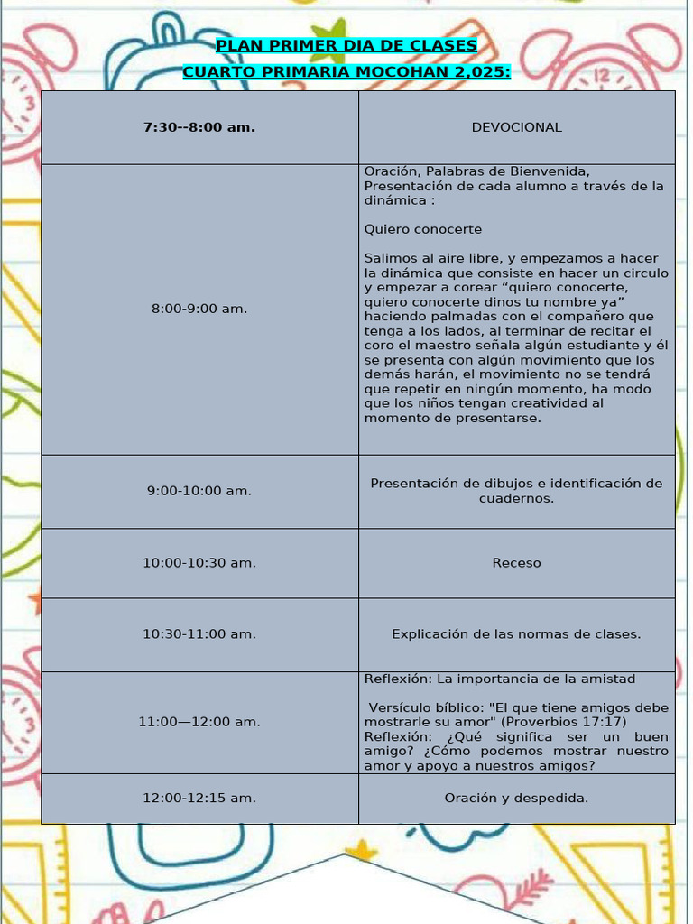 Plan de Actividades Primer Día Cuarto Primaria | PDF